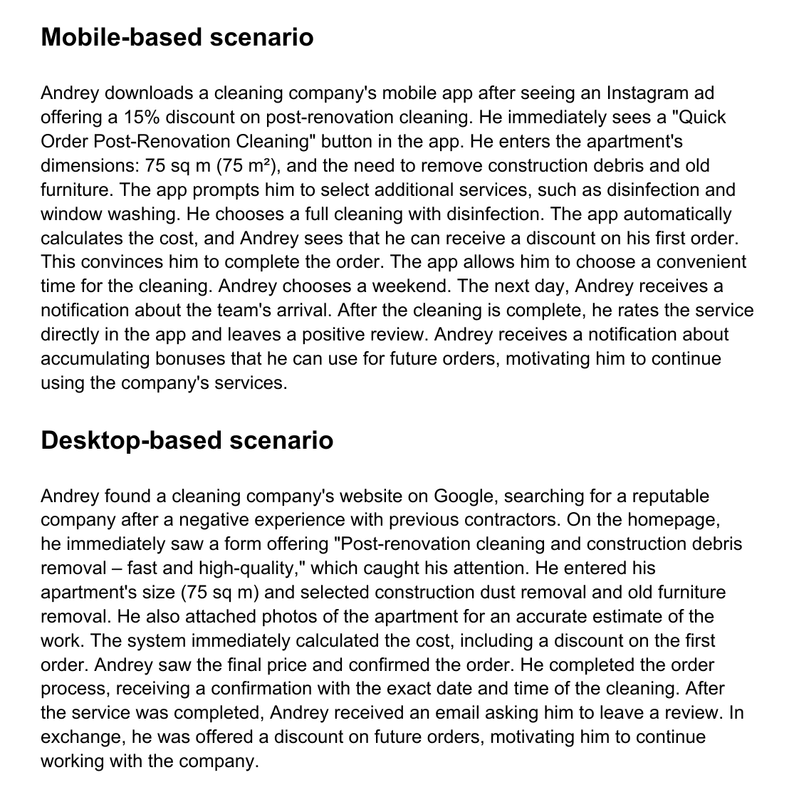 User scenarios / user journey narrative